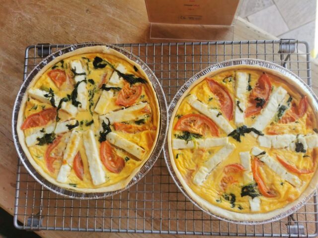 Spinach, feta, tomato and onion quiche